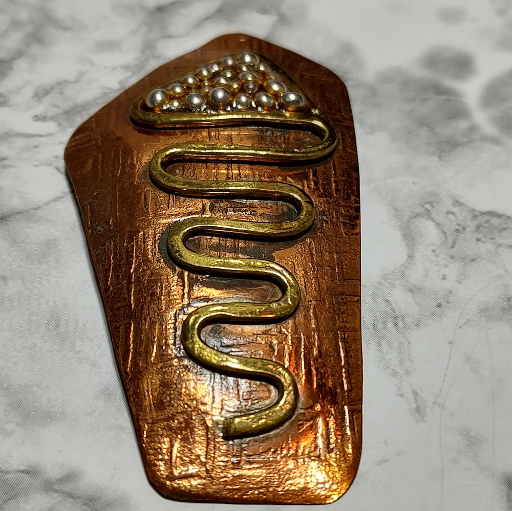 Brutalist mixed metal Artisan handcrafted Copper Brass Silver brooch